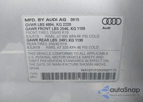 2016 Audi Q3 2.0T Premium Plus z USA, uszkodzony, nr VIN WA1EFCFS0GR007173